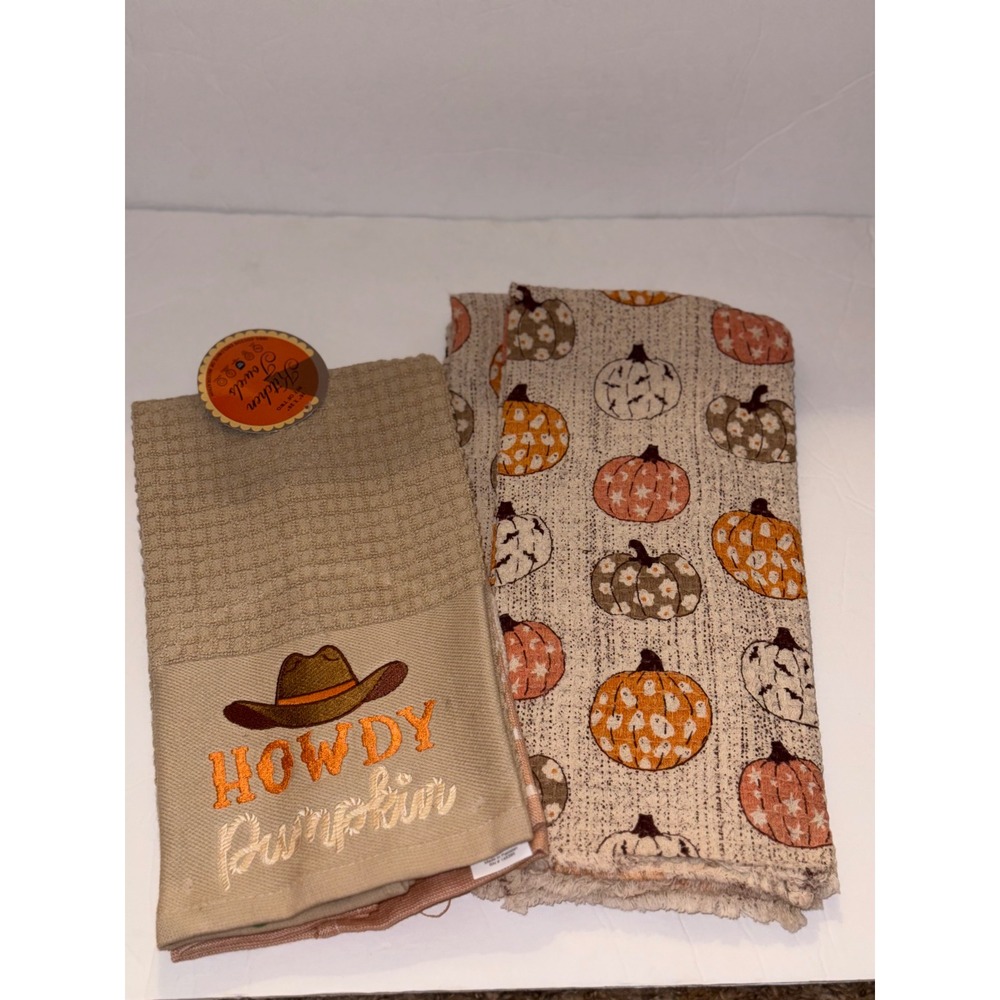 Two Sets New Fall Kitchen Towels Howdy Pumpkin Cowboy Hat Autumn Harvest Cotton